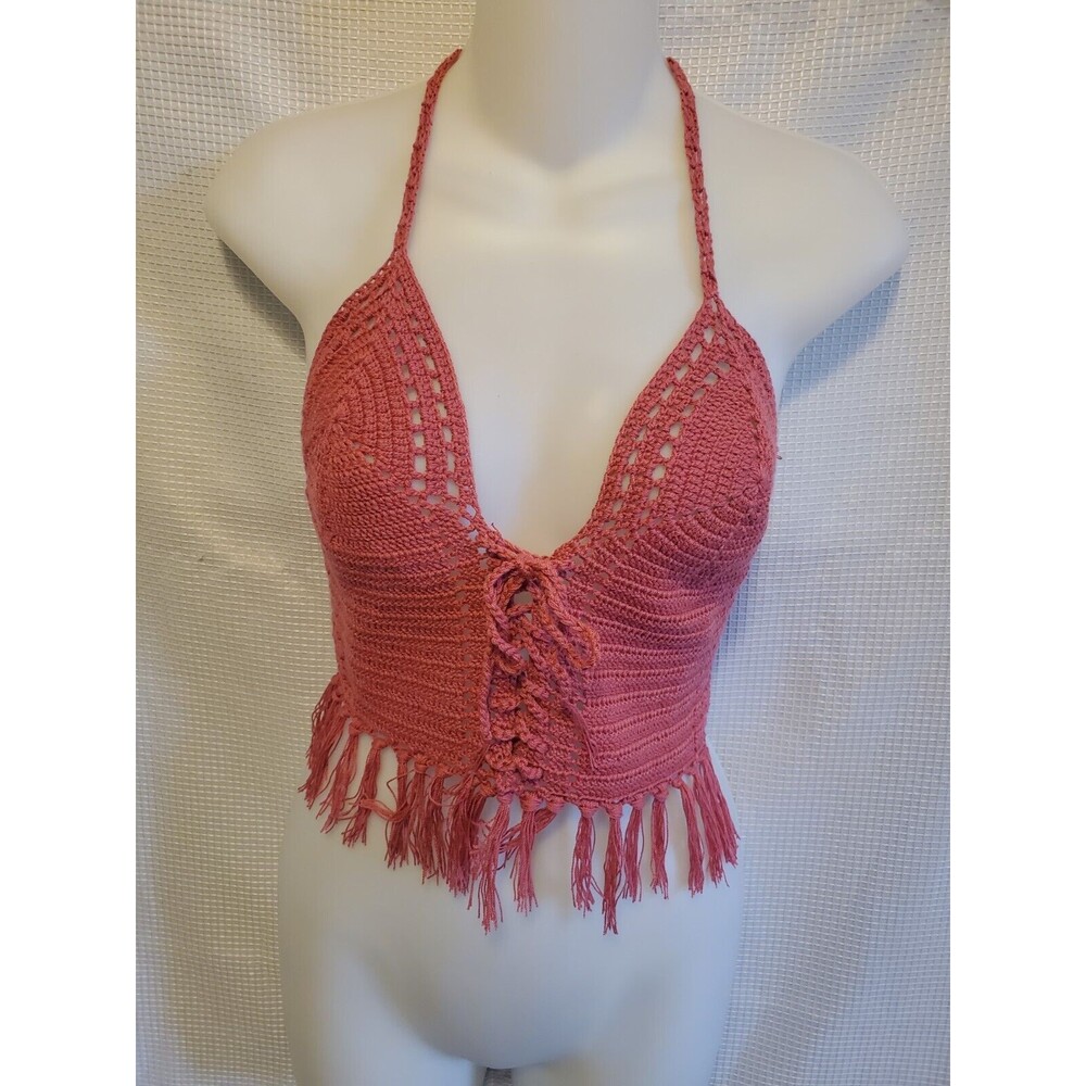 Vtg Womens Pink Knit Crochet Halter Top Sz M Festival Fairycore Summer Whimsy